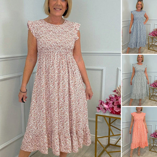 Evi Damesjurk met bloemenpatroon, hoge comfortabele taille en geplooide mouwen